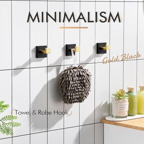Image of KOKOSIRI Robe Hooks for Wall Bathroom Towel Hooks Coat Hook Kitchen Garage Heavy Duty Wall Mounted Stainless Steel Brushed Gold and Matte Black, 3 Pack B1010GDK-P3