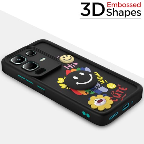 Image of Pikkme Back Cover for Infinix Note 50s 5G | Soft Silicone| Cute Rainbow Smile & 3D Cartoon Flower Design | Shockproof Raised Camera Protection Bumper Case (Black)