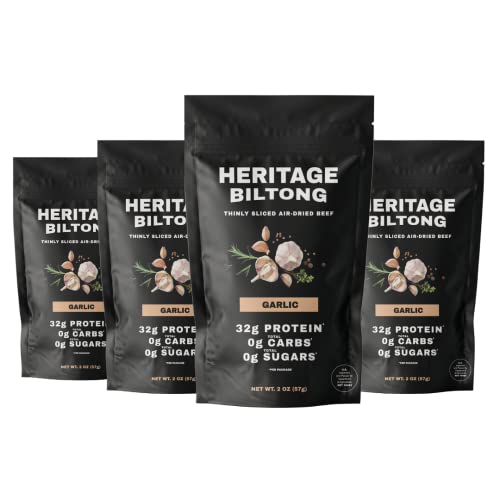 Heritage Biltong Air-Dried Beef | Better than Jerky | Paleo | Keto | Sugar Free | Gluten Free | High Protein | 2oz (4pack) (Garlic)