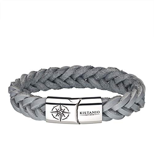 Kistanio Pulsera para hombre en 4 tamaños y colores – Pulsera de piel trenzada con brújula y cierre magnético de acero inoxidable – 19 cm-22 cm – Negro o gris, 22 centimeters, Cuero