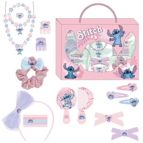 Set de Belleza de Stitch - Incluye 1 Coletero de tela, 10 Coleteros, 2 Pinzas, 3 Horquillas, 2 Cepillos, 1 Diadema, 1 Collar, 1 Pulsera y 1 Anillo - Multicolor - Producto Original Diseñado en España