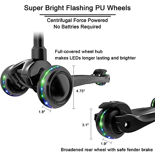 Image of Allek Kick Scooter B03, Lean 'N Glide 3-Wheeled Push Scooter with Extra Wide PU Light-Up Wheels, Any Height Adjustable Handlebar and Strong Thick Deck for Children from 3-12yrs (Black)