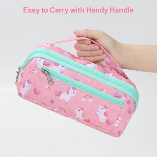 Image of Large Pencil Case for Girls, Aesthetic Kids Pencil Pouch for School, Wide Opening Organizer Box with Handle, Fits 50 Pens & Markers (Pink Cute Unicorn)