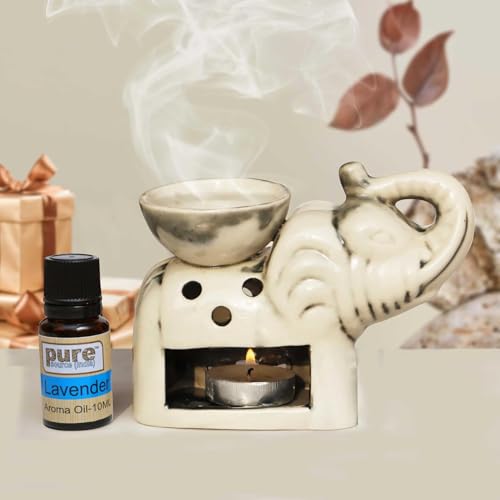Image of Pure Source India Ceramic Elephant Shape Aroma Oil Burner - Decorative Tealight Diffuser for Home Fragrance, Essential Oils & Aromatherapy (White)