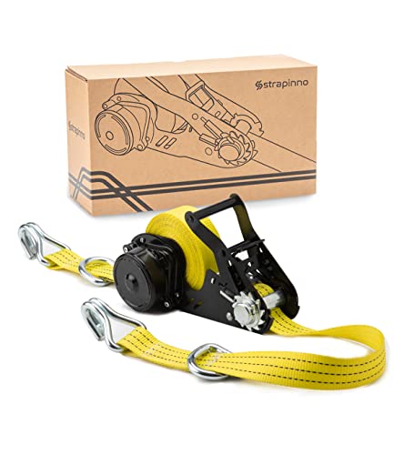 STRAPINNO Retractable Ratchet Tie-Down Strap - 1.5 in x 20 ft Heavy-Duty Strap with Double-J Hooks, D Rings, Tangle-Free Webbing, 6,600lbs Breaking Strength and 2,200lbs Working Load Limit (1 PC)
