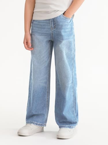 Haloumoning Boys Casual Baggy Denim Pants Kids Elastic Waist Wide Leg Jeans with Pockets 5-14 Years2