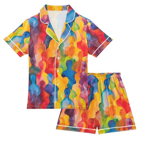 ALAZA Abstract Colorful Art Watercolor Pajamas Satin Pajama Set Short Sleeve Button Down Sleepwear