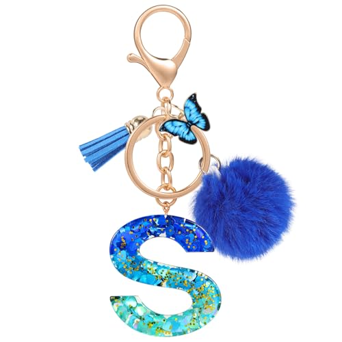 MWOOT Nombre Letra inicial S Llavero, Azul Llaveros Coche para Mujeres, Encantos de Resina Para Llave de Puerta Llave del Coche Decoración Del Bolso