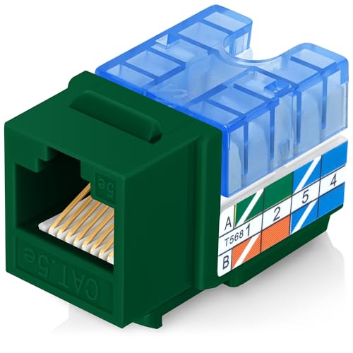 Image of Everest 90 Degree RJ45 Cat5e Keystone Jacks Slim Profile 10-Pack Green | Compatible with 90 Angled Speed Termination Tool - easyJACK (B094WB91H3)