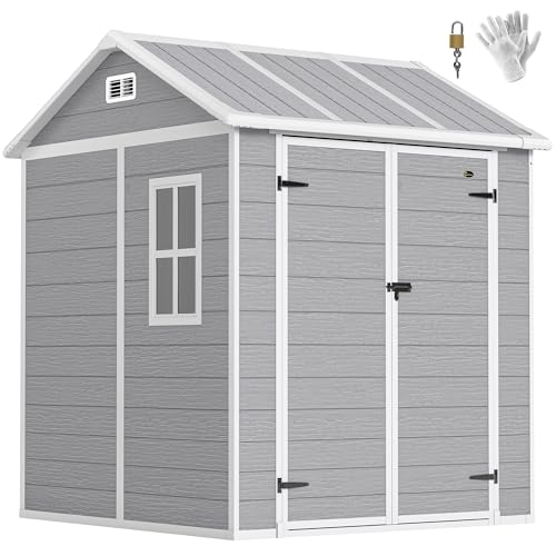 Outsunny Gerätehaus 2,91m² 181 x 181 x 220 cm Geräteschuppen mit Satteldach Boden Abschließbar Tür wetterfest Gartenhaus Kunststoff mit Fenster Outdoor Garten Schuppen für Hinterhof Außenbereich Grau