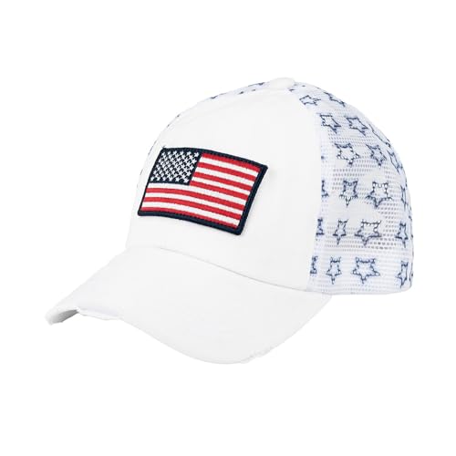 C.C Womens Criss-Cross Ponytail Baseball Cap Embroidered Cotton Front American Flag Mesh Back Adjustable Velcro (US Alpha One Size Flag-White)
