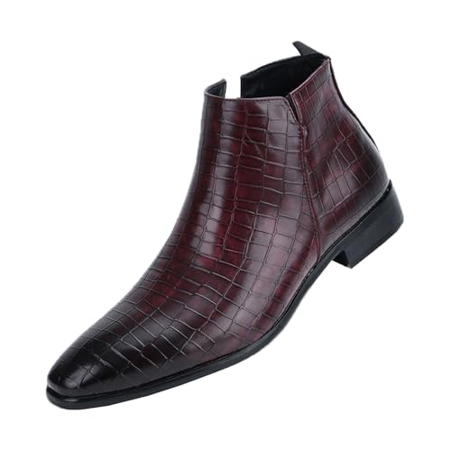 Men'S Leather Printed Low Heel Chelsea Ankle Boots Fashion High Top Round Toe Slip On Business Casual Dress Ankle Boots