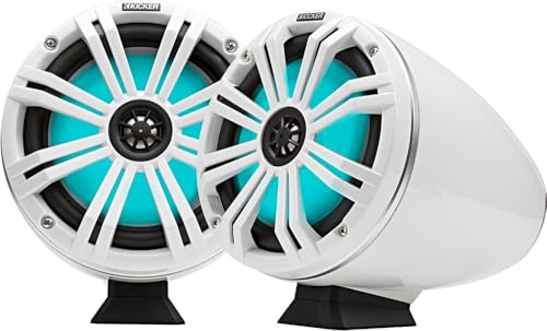 Image of KICKER KMFC65W 6.5 inch Flat Mount Loaded Marine Wake Towers with 46KM654L Speakers - White Grills and Enclosures | Loaded 6.5 inch pods, wakeboard loudspeakers, weatherproof, UV and saltwater resistant, full-range audio, jet ski, pontoon