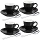 homEdge Espresso-Schnapsbecher-Set aus Porzellan mit Untertassen und Edelstahllöffeln, 80 ml, Schwarz, 4 Stück