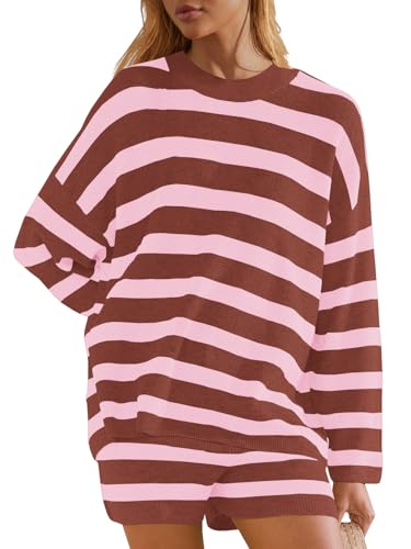 Image of Panadila Womens Striped Sweater Set Oversized Lounge Sets Matching Pajamas Long Sleeve Sweater Top and Shorts