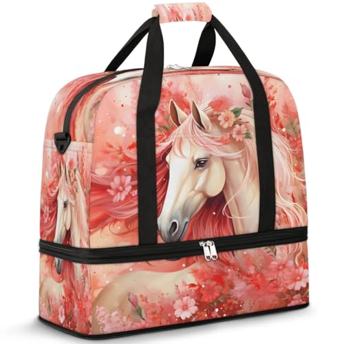 Travel Duffel Bags Flower Horse Foldable Weekender Bags for Women with Shoes Compartment Waterproof & Tear Resistant Carry on Overnight Luggage Duffel Bag Shoulder Sports Tote Bag