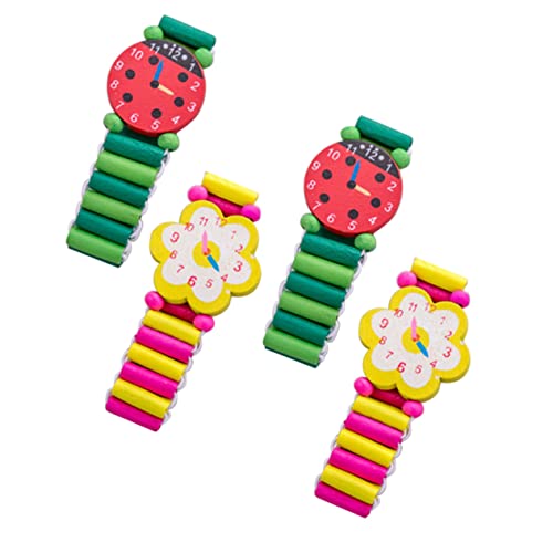 Toyvian Wooden Boys and Girls Wristwatches 4pcs Simulation Toys Durable Craftsmanship Fun Patterns