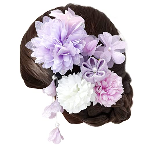 QianYang 髪飾り 着物 和装 高級造花 振袖 七五三 浴衣 結婚式 成人式 卒業式 袴 子供 レディース プレゼント Uピン 4点セット (パープル)