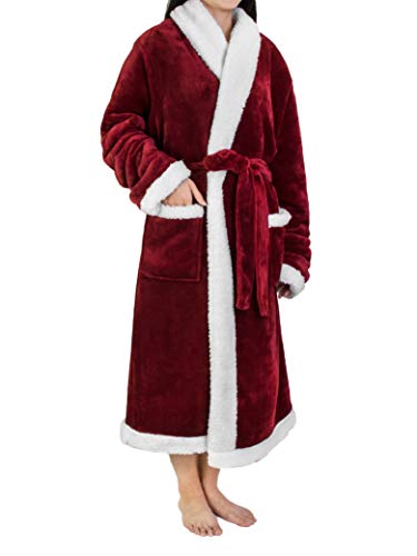Image of PAVILIA Women's Plush Fleece Robe, Soft Cozy Long Bathrobe with Satin Waffle Trim, Warm Lightweight, Pockets & Tie Belt