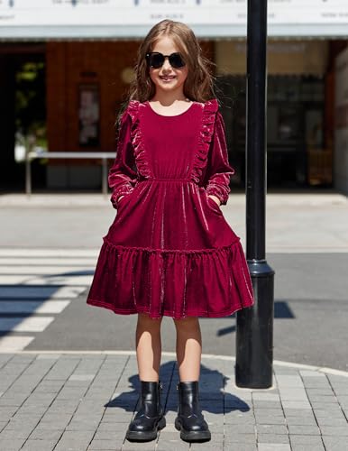 Arshiner Girls Dress Long Sleeve A Line Ruffled Smocked Casual Dress with Pockets 5-14 Years4