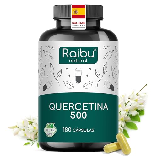 Quercetina 500 mg Pura - 180 Cápsulas Veganas para 6 Meses de Suministro - Extracto de Sophora Japonica con 95% en Quercetina - Alta Potencia, Sin Aditivos y Probado en Laboratorio - Raibu