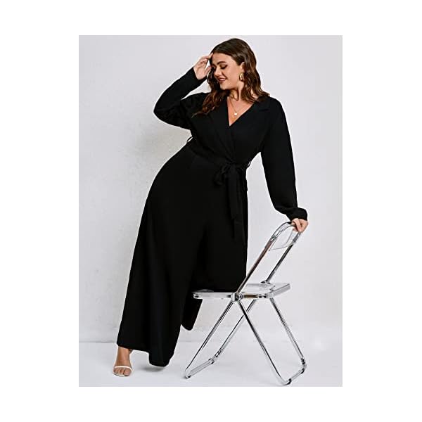 WDIRARA-Womens-Button-Front-Long-Sleeve-Belted-Collar-Jumpsuit-Pants-with-Pocket WDIRARA Women's Button Front Long Sleeve Belted Collar Jumpsuit Pants with Pocket Plus Black 2XL