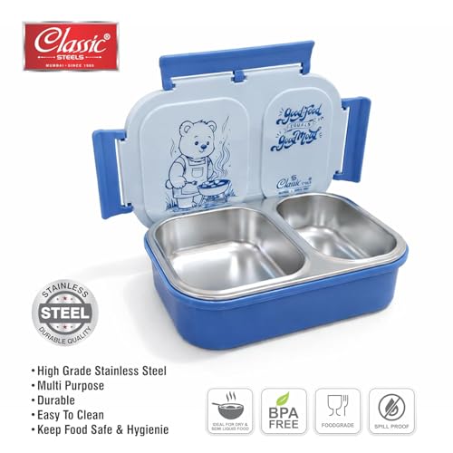 Image of Classic Steels Bento Duo Lunch Box for Kids 600ml, 2 Compartment Stainless Steel Tiffin Box, Leak Resistant, BPA Free, School Lunch Box - Blue