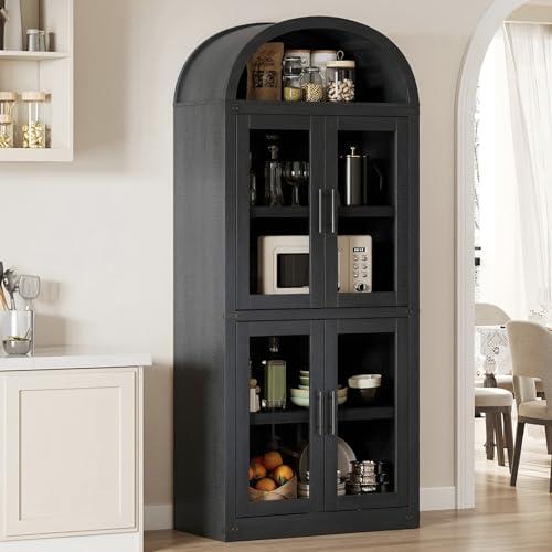GarveeHome Arched Bookshelf with Doors Farmhouse Bookcase 15.83in Depth Display Storage Shelves 71.4in Tall Wooden Display Cabinet Rounded Bookcases for Living Room, Kitchen, Office (Black)