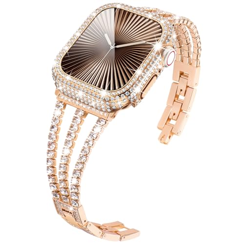 Bracelet Apple Watch 10 diamant or rose avec coque antichoc en verre trempé