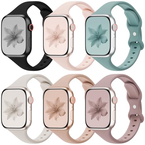 6 Pack Thin Slim Bands Compatible with Apple Watch 38mm 40mm 41mm 42mm 44mm 45mm 46mm 49mm Women Men, Replacement Soft Silicone Sport Strap for iWatch Series...
