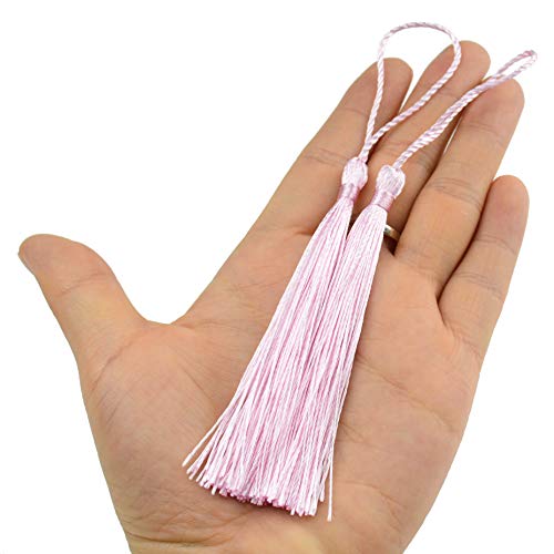 Image of 100pcs 13cm /5 Inch Silky Floss Bookmark Tassels with 2-Inch Cord Loop and Small Chinese Knot for Jewelry Making, Souvenir, Bookmarks, DIY Craft Accessory (Water Pink)