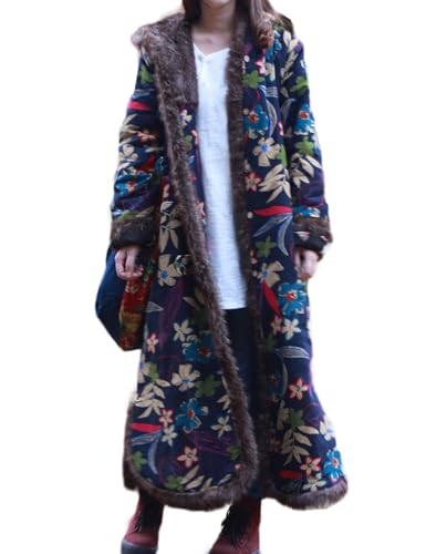 LZJN Women's Warm Overcoat Floral Print Long Jacket Cotton Linen Vintage PatchworkThin Cotton Hooded Winter Quilted
