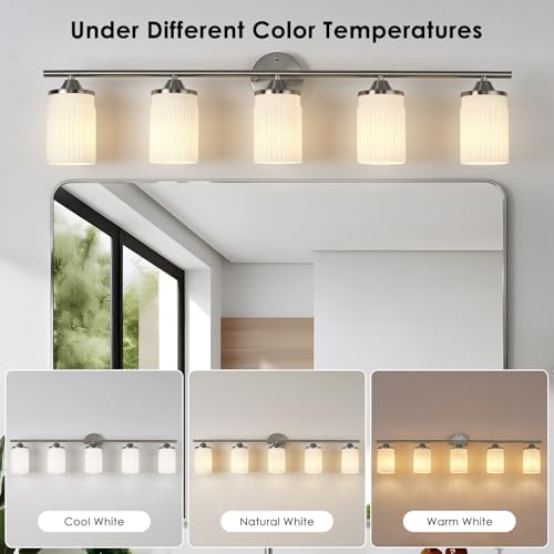 Image of Jonsi Nickel Bathroom Light Fixtures 5-Light Vanity Lights Modern Wall Sconce with Milk White Shade Brushed Nickel Bathroom Light Fixture Over Mirror for Bedroom Hallway Kitchen