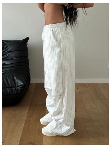 GORGLITTER Women's Y2k Wide Leg Baggy Track Pants Striped Elastic Waisted Drawstring Trousers3