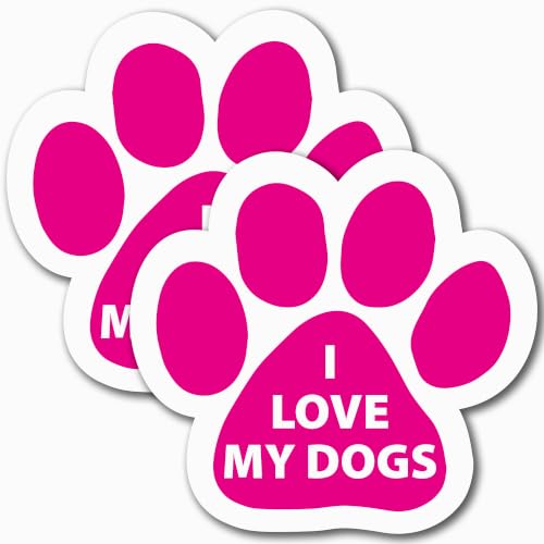 Image of I Love My Dogs Pink Pawprint Car Magnet 5 Inch 2 Pack, Dog Lover Gift | Heavy duty magnetic decal for car, truck, SUV or fridge, full color UV printed