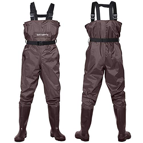 Dark Lightning Fly Fishing Waders for Men and Women with Boots, Mens/Womens High Chest Wader with Boot Hanger (Brown, M7/W9)