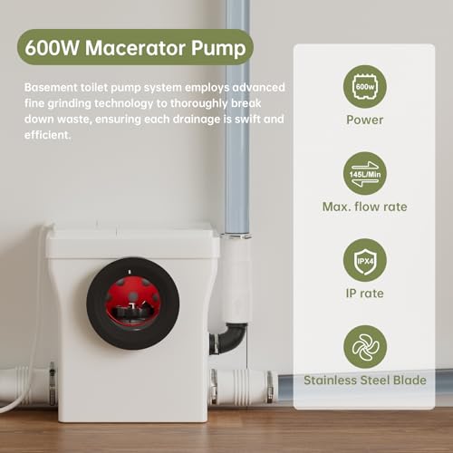 Simple Project Macerating Toilet 600W One-Piece Upflush Toilet For Basement, Powerful & Quiet Macerating Toilet System With 3 Water Inlet & Ac Vent thumb #3