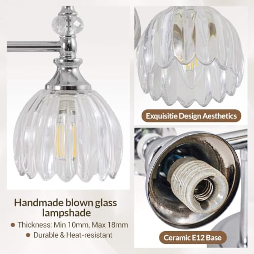 Image of ANDY STAR 2-Light Chrome Bathroom Vanity Light, Transitional Sconce | Ribbed Glass & Crystal Accent, Damp-Resistant, Ceramic E12 Base, Reversible Up /Down Mounting