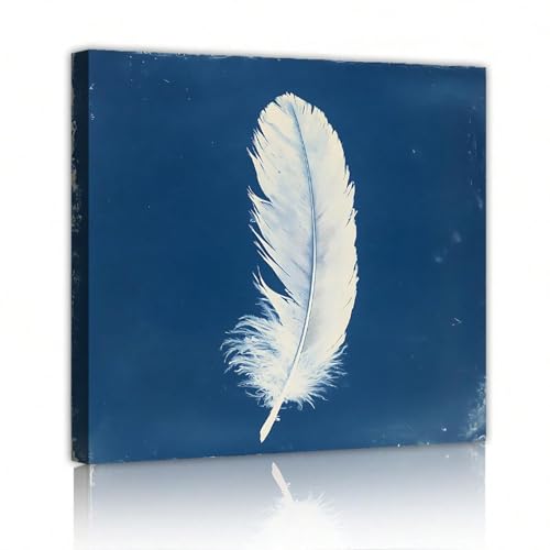 Tableau sur toile plumes de sérénité bleu et blanc | Déco murale chambre cocooning