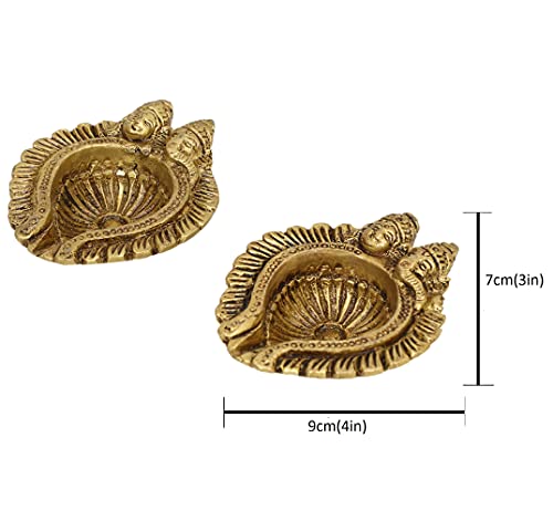 Image of Brass Akhand Diya (9x7x2 cm and 400g) Small Ethnic Design Handmade Curved Oil Wick Antique Kuber Deepak Lamp for Home Decor Temple Puja Office Counter Decoration Festival Gift (Pack of 2)