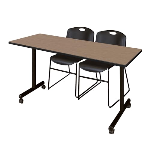 Image of Regency Kobe 66 x 24 in. Mobile T-Base Training Table- Noble Oak, 2 Zeng Stack Chairs- Black