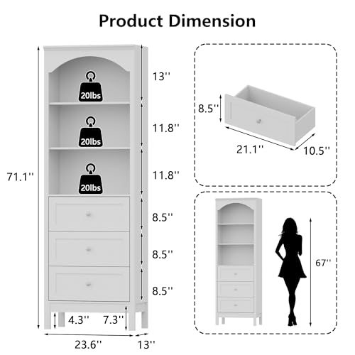 Image of 71 inch H Tall Bookshelf with Drawers, Farmhouse Book Shelf with 3-Tier Open Shelves, Wooden Bookcase with Storage Drawers, Freestanding Bookshelves for Bedroom, Living Room, White