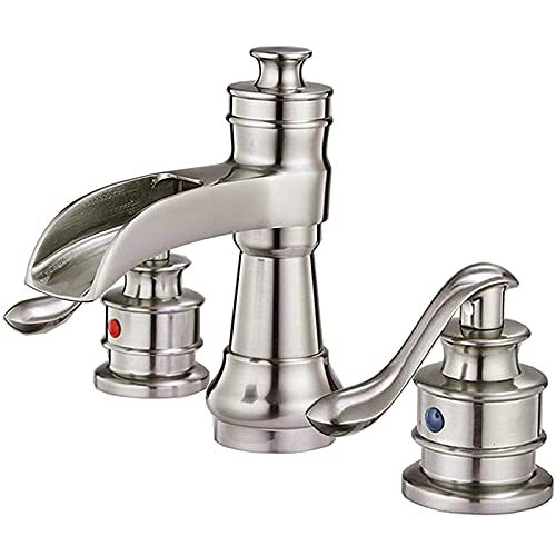 BWE Waterfall Widespread Bathroom Faucet Brushed Nickel with Supply Line 2-Handle 3 Hole 8 Inch Lavatory Sink Mixer Tap Lead-Free