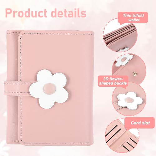 Cute Small Wallet for Teen Girl Trifold Wallets for Women flowers PU Leather Small Wallet Mini Leather Cash Pocket Card Holder Purse with Buckle & Clear ID Window(Pink)4