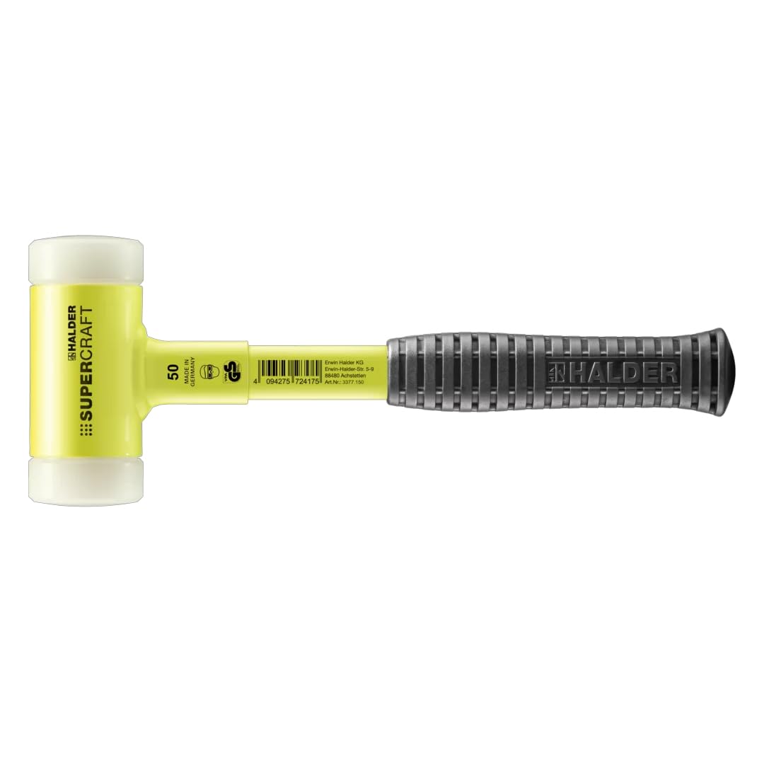 Halder SuperCraft Hi-Viz Dead Blow Mallet 3377.150 - Non-Rebounding Mallet, Hard Nylon Inserts, Break-Proof Steel Tube Handle, Anti-Slip Grip, 50mm, 2.5 lbs.