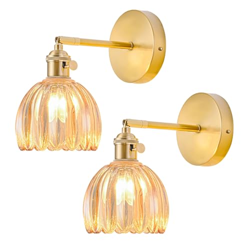 Apliques de Pared Set de Dos con Cableado Fijo, Aplique Pared Vintage con Pantalla de Vidrio Ámbar de Tulipán, Apliques para Baño con Interruptor, Dorado Apliques Pared Set de 2, Bombilla no Incluida