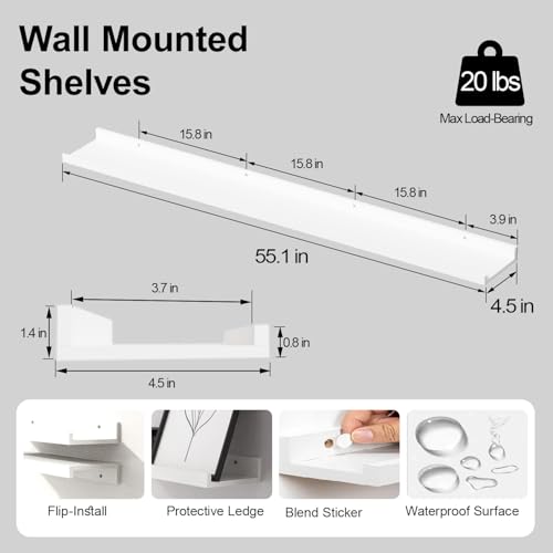 Image of White Floating Shelves for Wall Decor, 56 in Shelf with Lip Set of 2