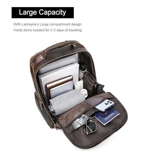 LANNSYNE Vintage Mens Full Grain Leather Backpack Fits 17.3 Inch Laptop, Large Casual Rucksack Shoulder Bag For Travel/Camping/Hiking-Brown - Image 4