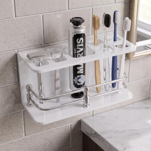 Image of self Adhesive Wall Mounted Acrylic Toothpaste Holder,Toothbrush Stand,Toothpaste Tubler for Bathroom Organizer Rack for Home(Black Acrylic) (Full S.S White)