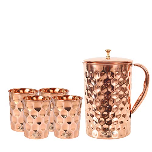 Image of Taluka With T Logo Copper Diamond Design Set of Jug 1500 ML with 4 Glass, Copper Drinkware Gift Set, Use Hotel Home Restaurant